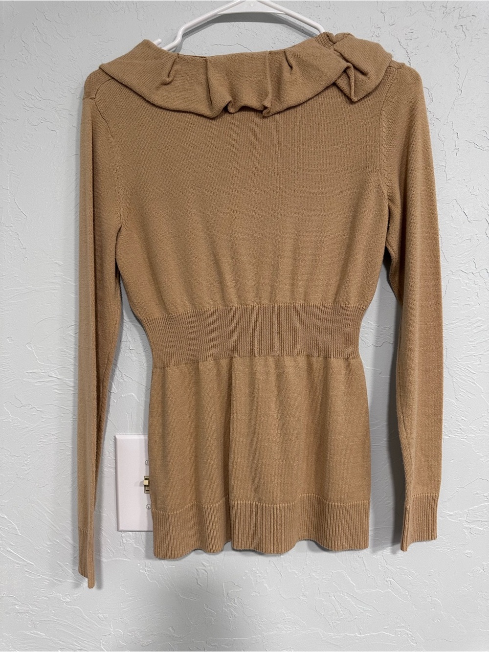 ELLE Camel Ruffle-Collar Button Cardigan - Picture 2 of 4